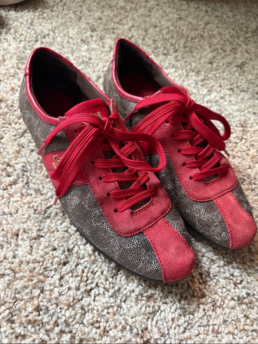 Coach Brown Logo Textile Sneakers with Red Suede Trim